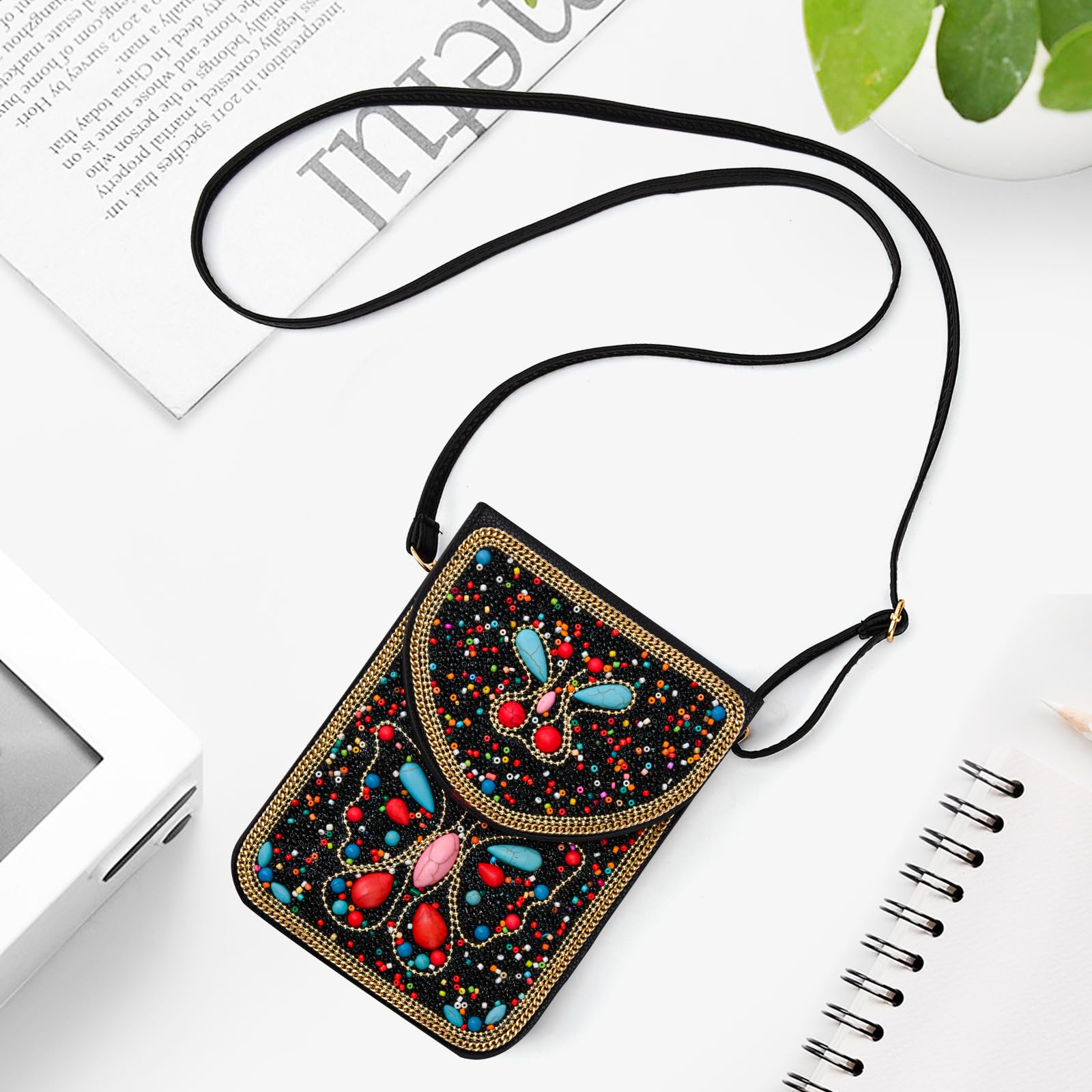 Beaded Crossbody Phone Shoulder Bag Boho Wallet Purse with Colorful Handcrafted Beads
