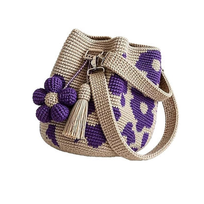 Handmade Crochet Flower Tote Mesh Knit Shoulder Bag with Flower and Tassel Charm Large Capacity Summer Travel Bag