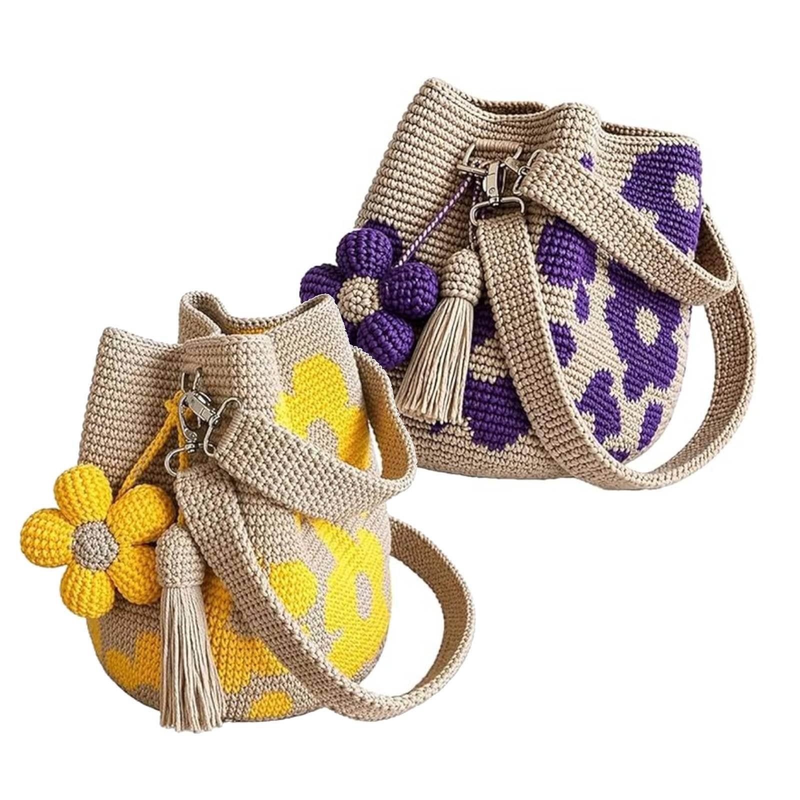 Handmade Crochet Flower Tote Mesh Knit Shoulder Bag with Flower and Tassel Charm Large Capacity Summer Travel Bag