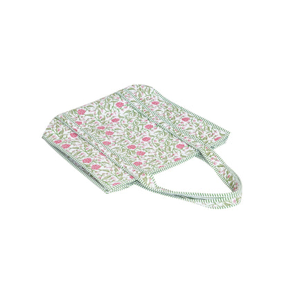 Handmade Cotton Floral Block Print Quilted Tote Shoulder Market Shopping Bag