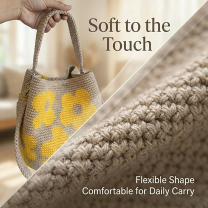 Handmade Crochet Flower Tote Mesh Knit Shoulder Bag with Flower and Tassel Charm Large Capacity Summer Travel Bag