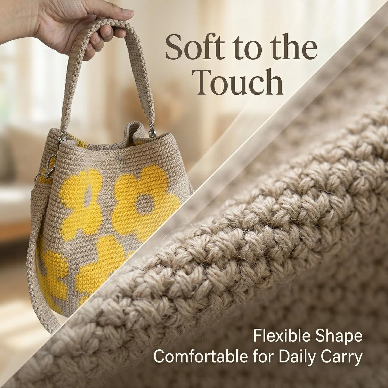 Handmade Crochet Flower Tote Mesh Knit Shoulder Bag with Flower and Tassel Charm Large Capacity Summer Travel Bag