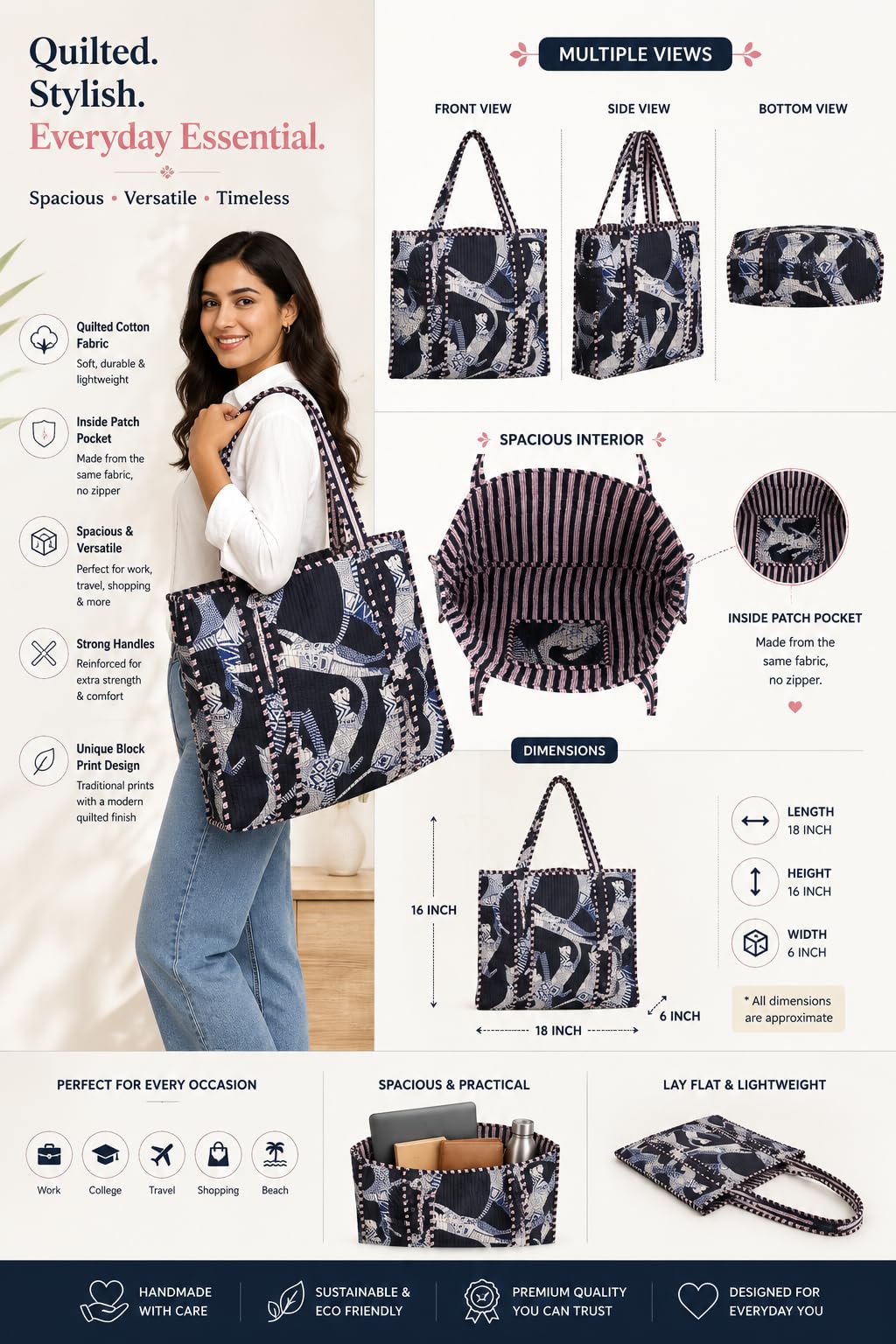 Handmade Cotton Floral Block Print Quilted Tote Shoulder Market Shopping Bag
