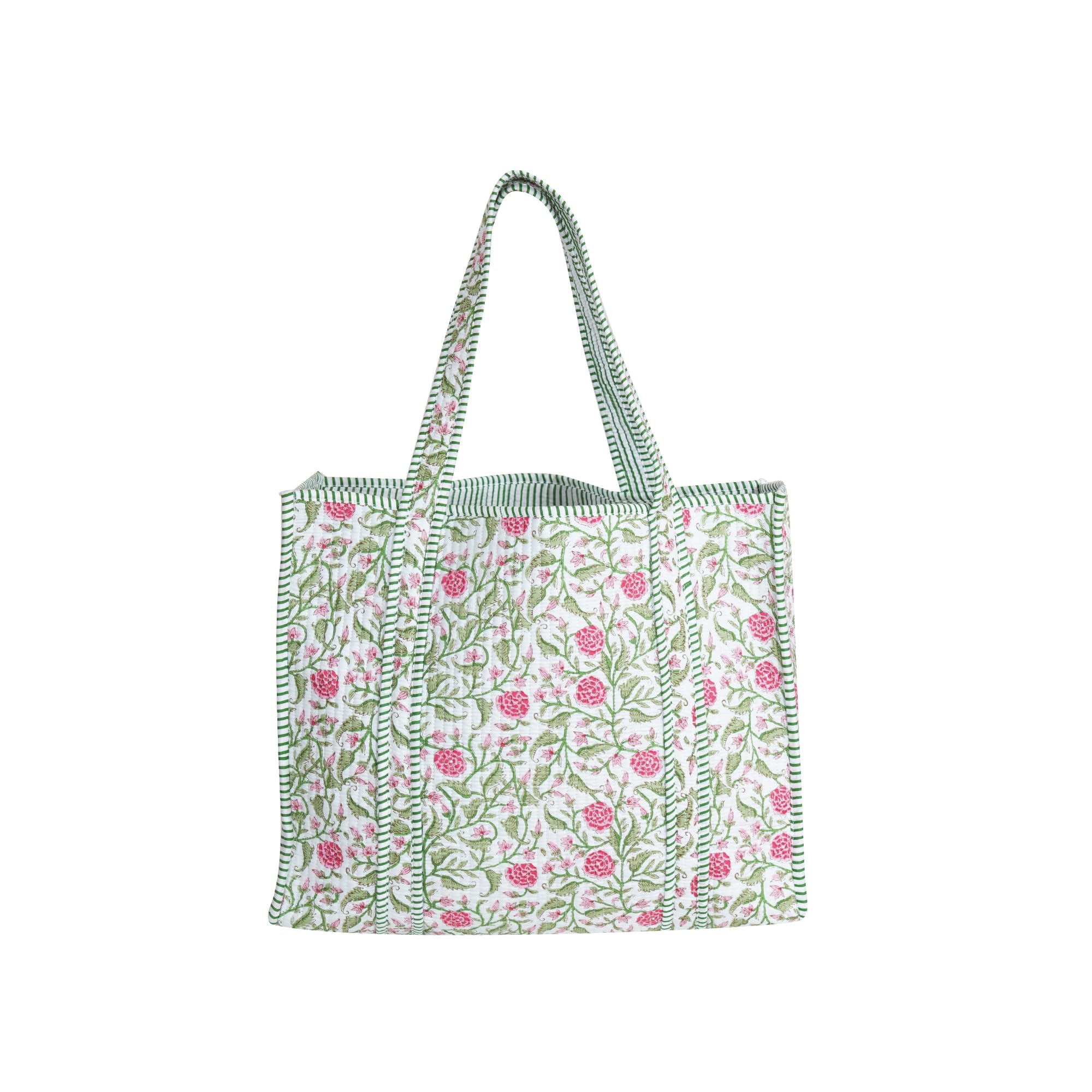 Handmade Cotton Floral Block Print Quilted Tote Shoulder Market Shopping Bag