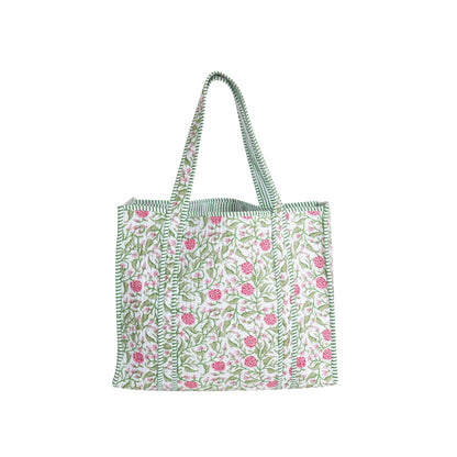 Handmade Cotton Floral Block Print Quilted Tote Shoulder Market Shopping Bag
