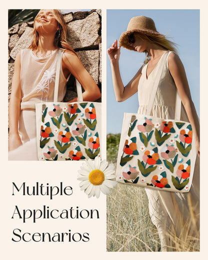 Embroidery Canvas Tote Bag for Women Reusable Shoulder Bag with Pocket and Buckle Cute Aesthetic Grocery Bag
