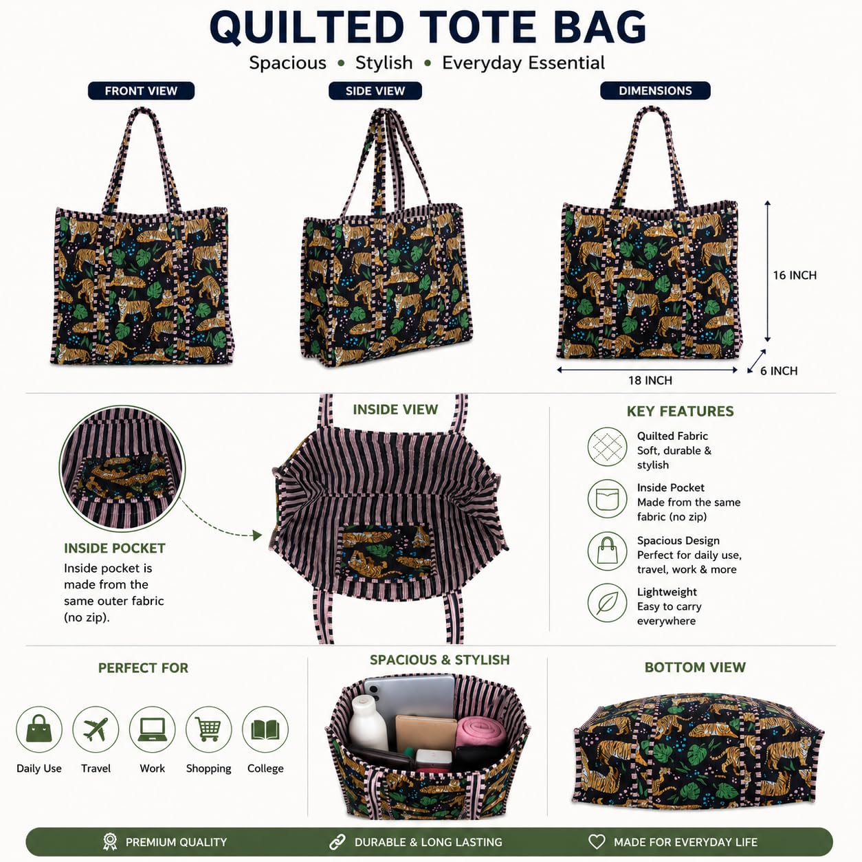 Handmade Cotton Floral Block Print Quilted Tote Shoulder Market Shopping Bag
