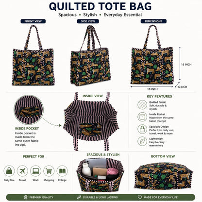 Handmade Cotton Floral Block Print Quilted Tote Shoulder Market Shopping Bag