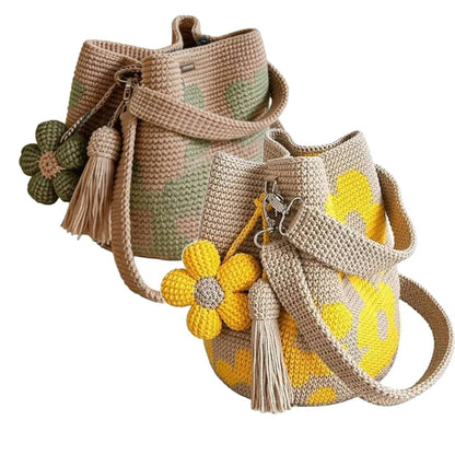 Handmade Crochet Flower Tote Mesh Knit Shoulder Bag with Flower and Tassel Charm Large Capacity Summer Travel Bag