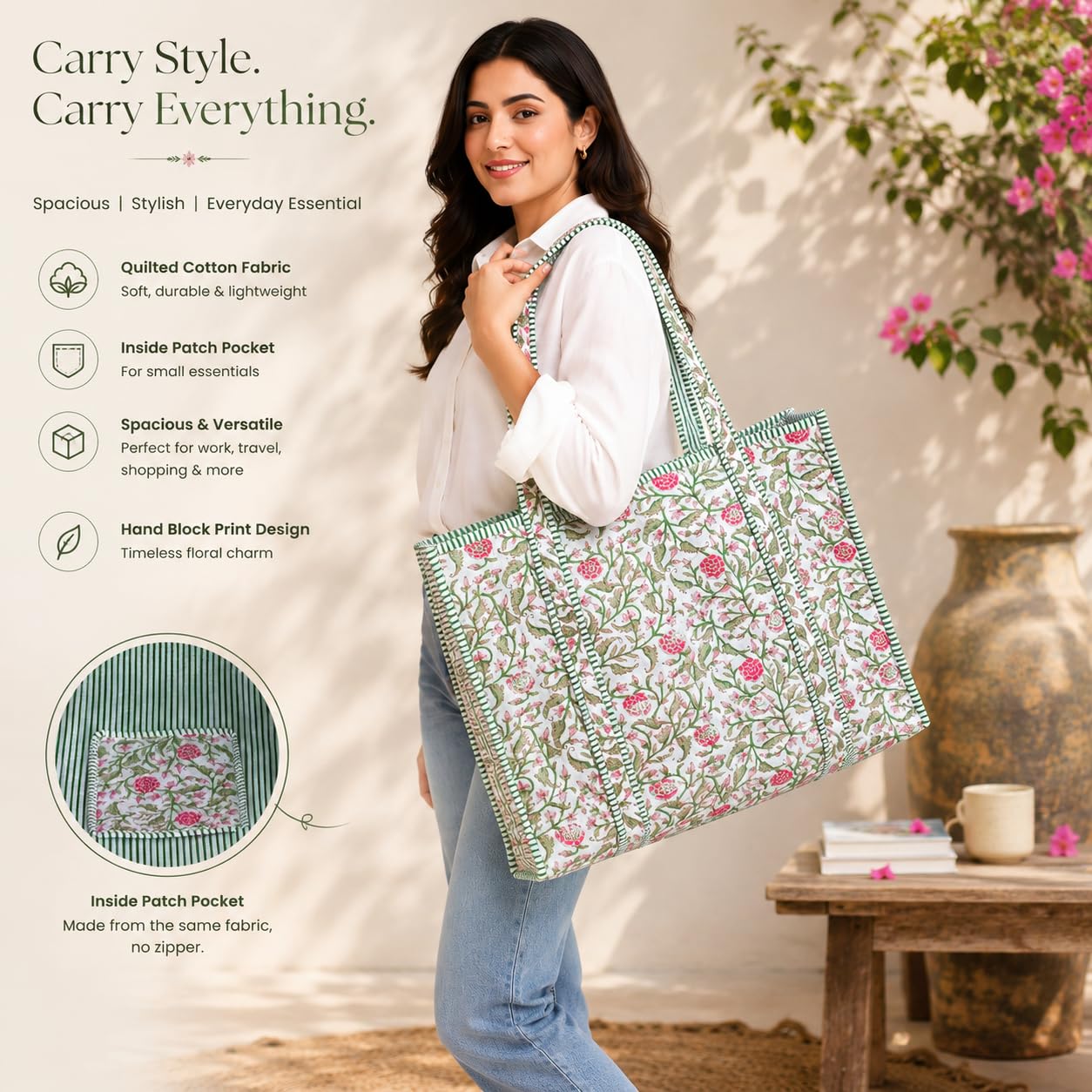 Handmade Cotton Floral Block Print Quilted Tote Shoulder Market Shopping Bag