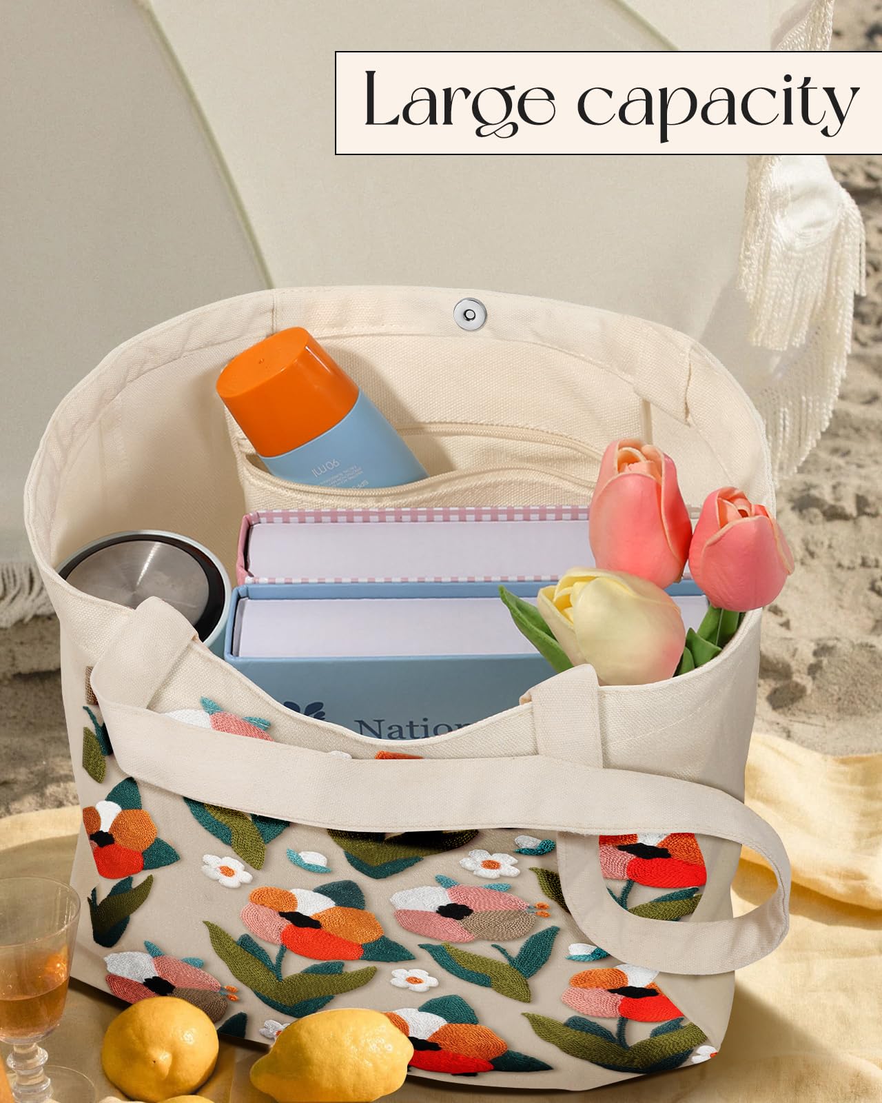 Embroidery Canvas Tote Bag for Women Reusable Shoulder Bag with Pocket and Buckle Cute Aesthetic Grocery Bag