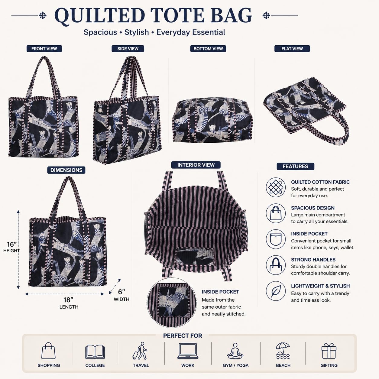 Handmade Cotton Floral Block Print Quilted Tote Shoulder Market Shopping Bag