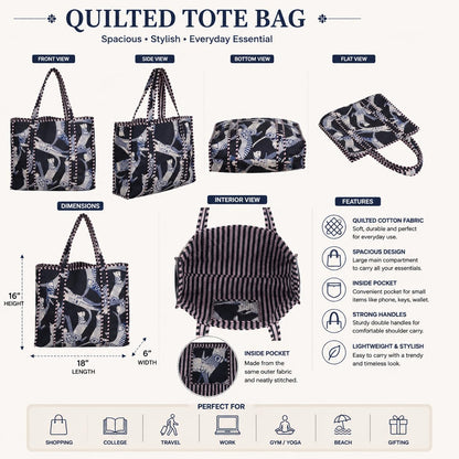 Handmade Cotton Floral Block Print Quilted Tote Shoulder Market Shopping Bag