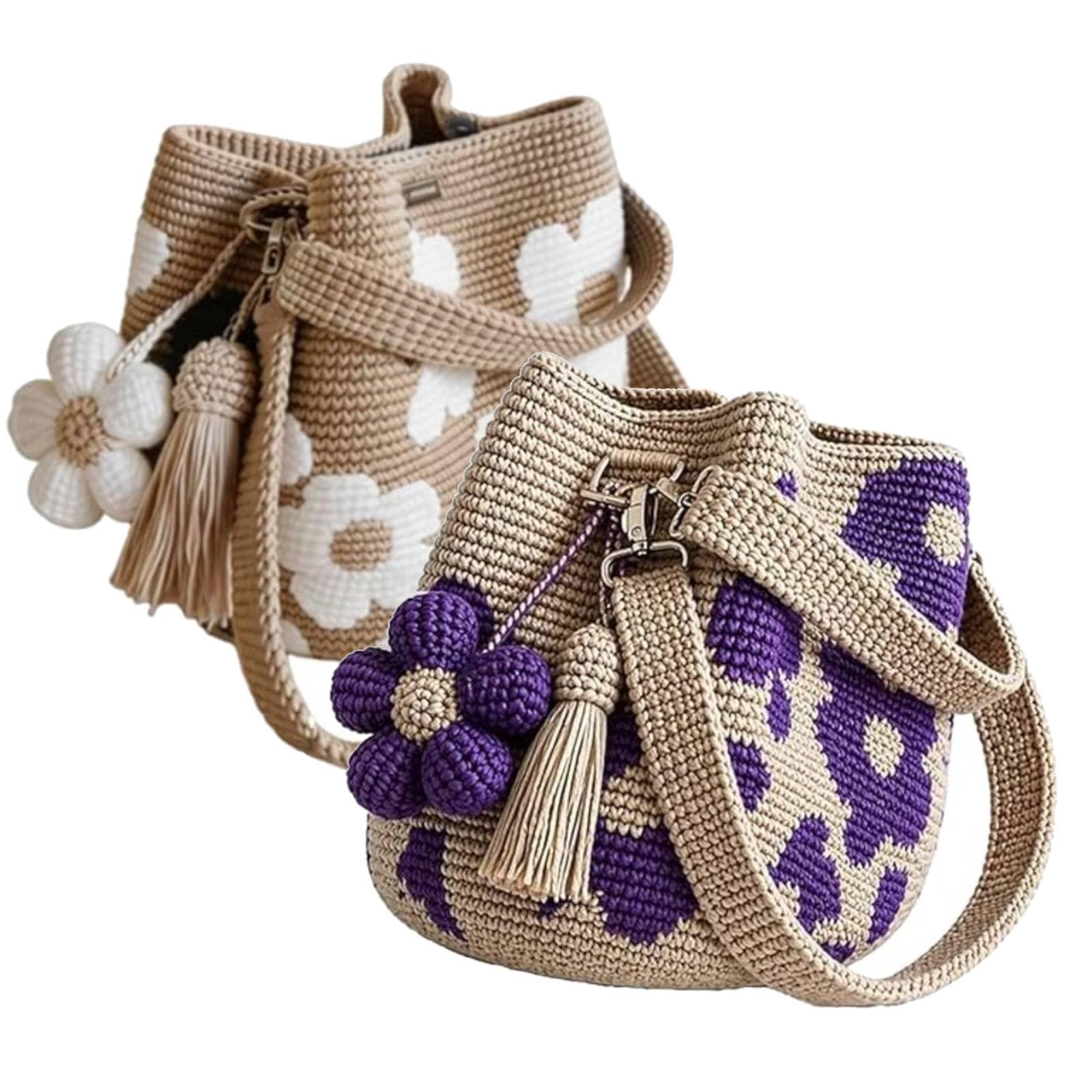 Handmade Crochet Flower Tote Mesh Knit Shoulder Bag with Flower and Tassel Charm Large Capacity Summer Travel Bag