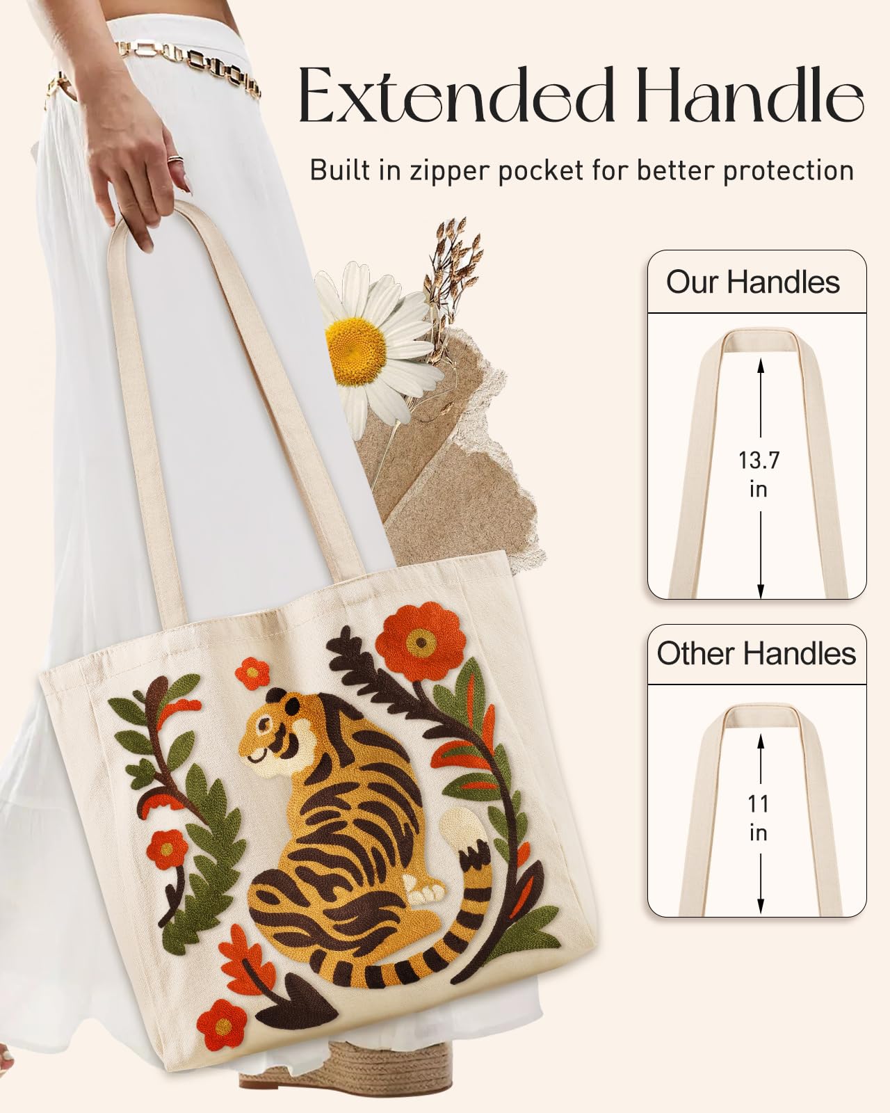 Embroidery Canvas Tote Bag for Women Reusable Shoulder Bag with Pocket and Buckle Cute Aesthetic Grocery Bag