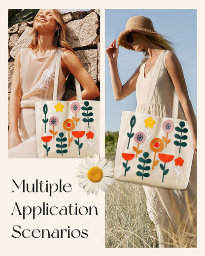 Embroidery Canvas Tote Bag for Women Reusable Shoulder Bag with Pocket and Buckle Cute Aesthetic Grocery Bag