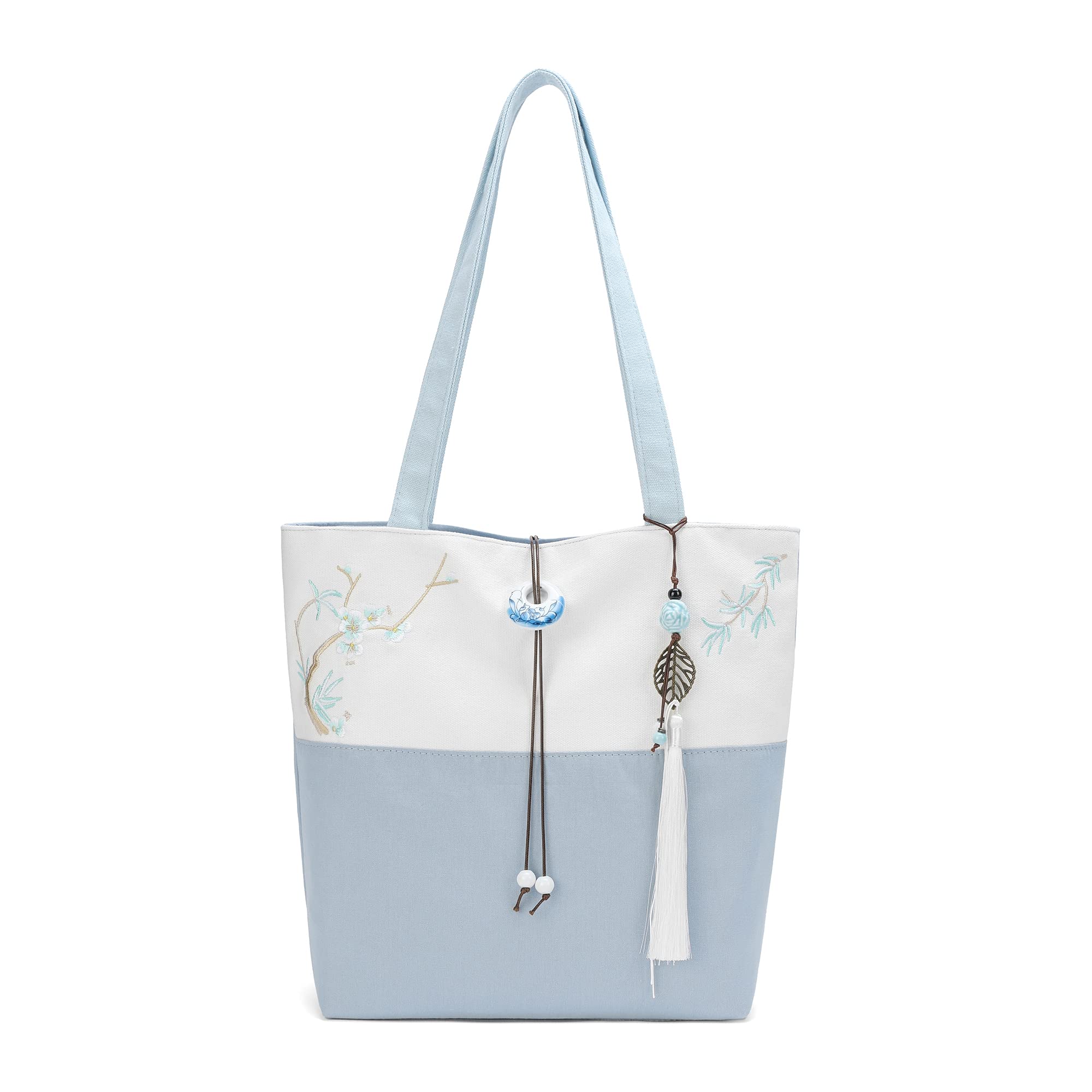 Elegant Vintage Silk Pattern Shoulder Tote Bag with Pendant and Tassels