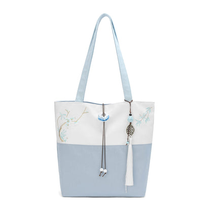 Elegant Vintage Silk Pattern Shoulder Tote Bag with Pendant and Tassels
