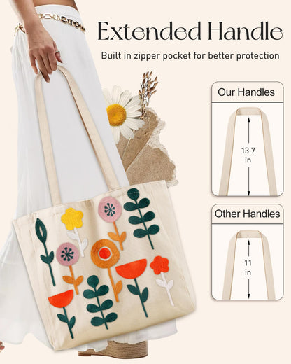 Embroidery Canvas Tote Bag for Women Reusable Shoulder Bag with Pocket and Buckle Cute Aesthetic Grocery Bag