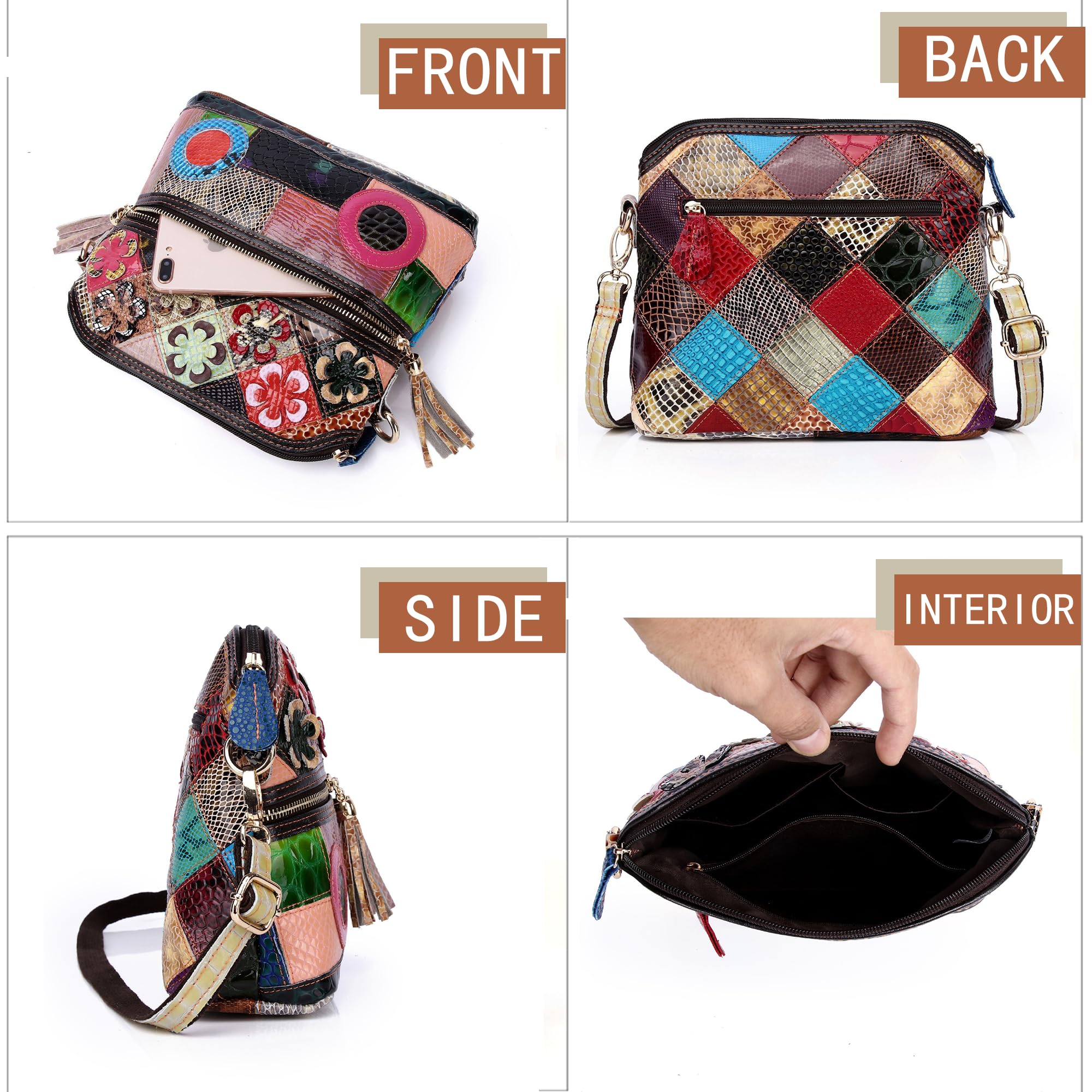 Handmade Cowhide Multi Color Patchwork Bag Crossbody Shoulder Handheld Unique Style