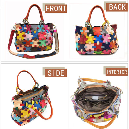 Handmade Cowhide Multi Color Patchwork Bag Crossbody Shoulder Handheld Unique Style