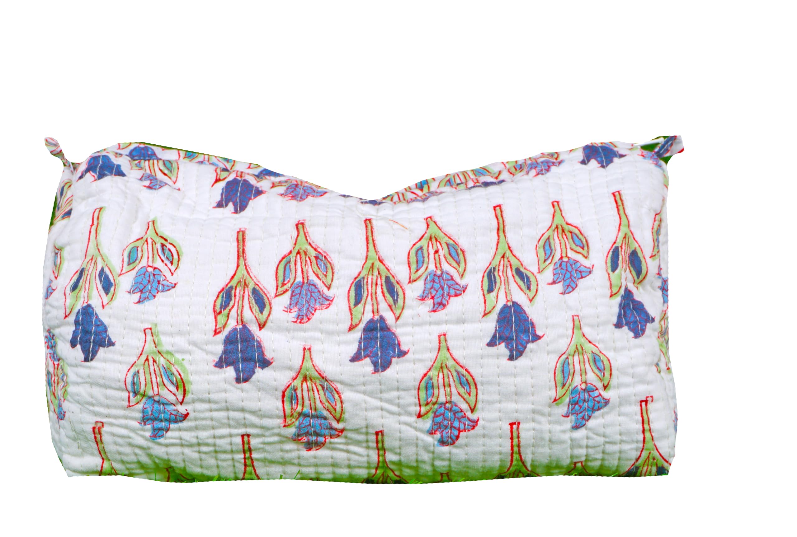 Indian Handmade Cotton Quilted Floral Toiletry Cosmetic Makeup Bag Blue A