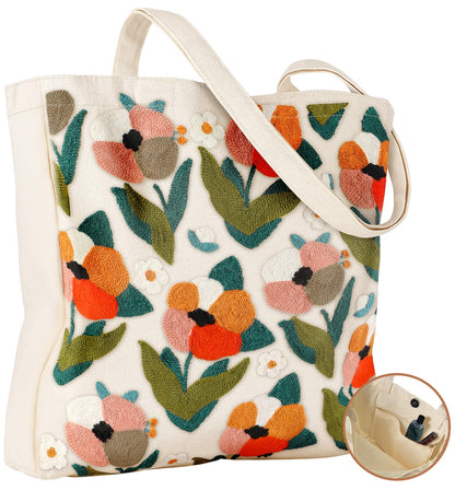 Embroidery Canvas Tote Bag for Women Reusable Shoulder Bag with Pocket and Buckle Cute Aesthetic Grocery Bag