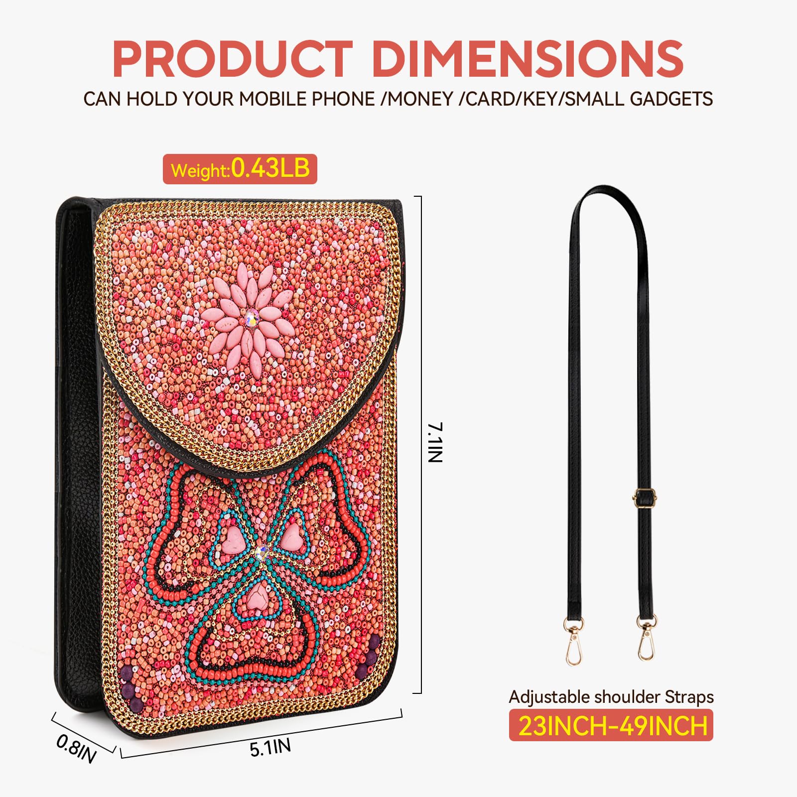 Beaded Crossbody Phone Shoulder Bag Boho Wallet Purse with Colorful Handcrafted Beads