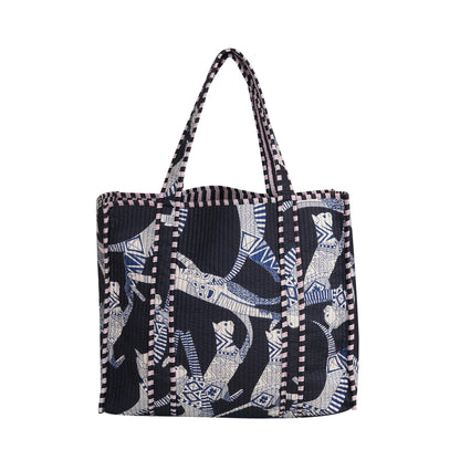 Handmade Cotton Floral Block Print Quilted Tote Shoulder Market Shopping Bag