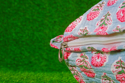 Indian Handmade Cotton Quilted Floral Toiletry Cosmetic Makeup Bag Blue A