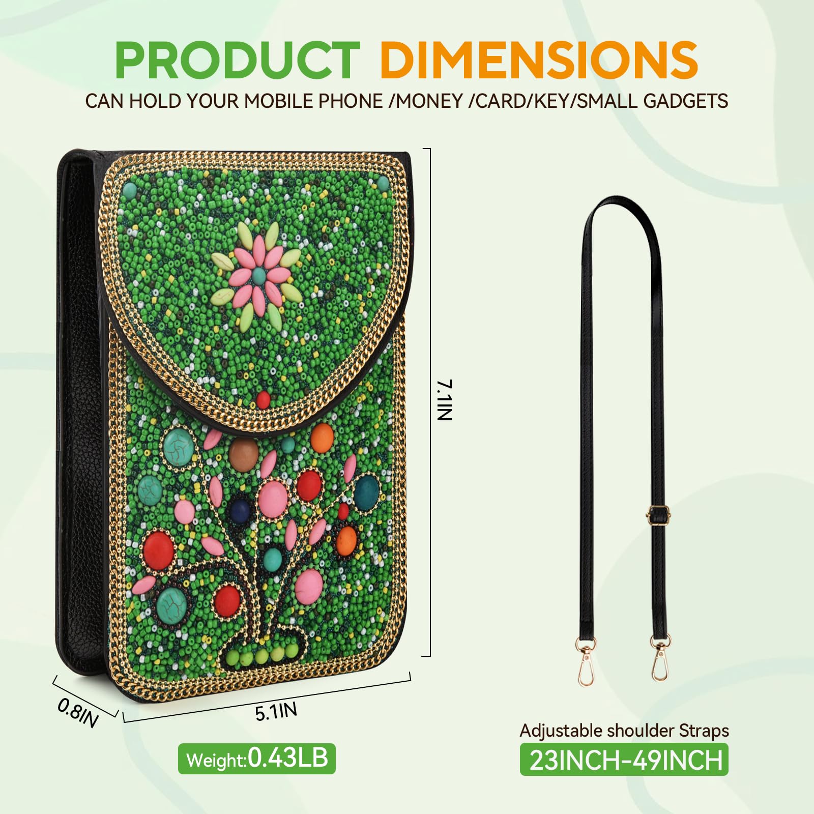 Beaded Crossbody Phone Shoulder Bag Boho Wallet Purse with Colorful Handcrafted Beads