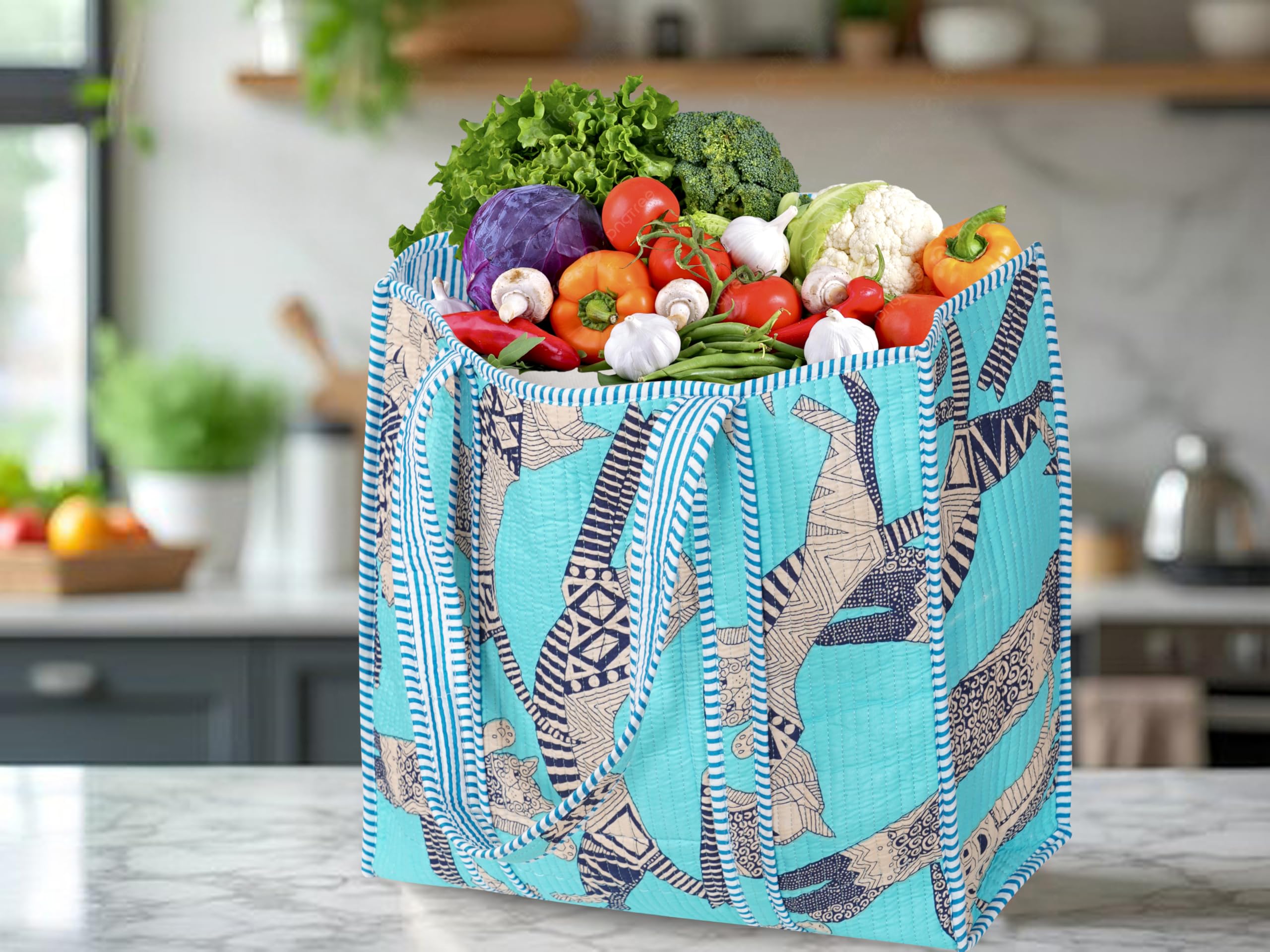 Handmade Cotton Floral Block Print Quilted Tote Shoulder Market Shopping Bag