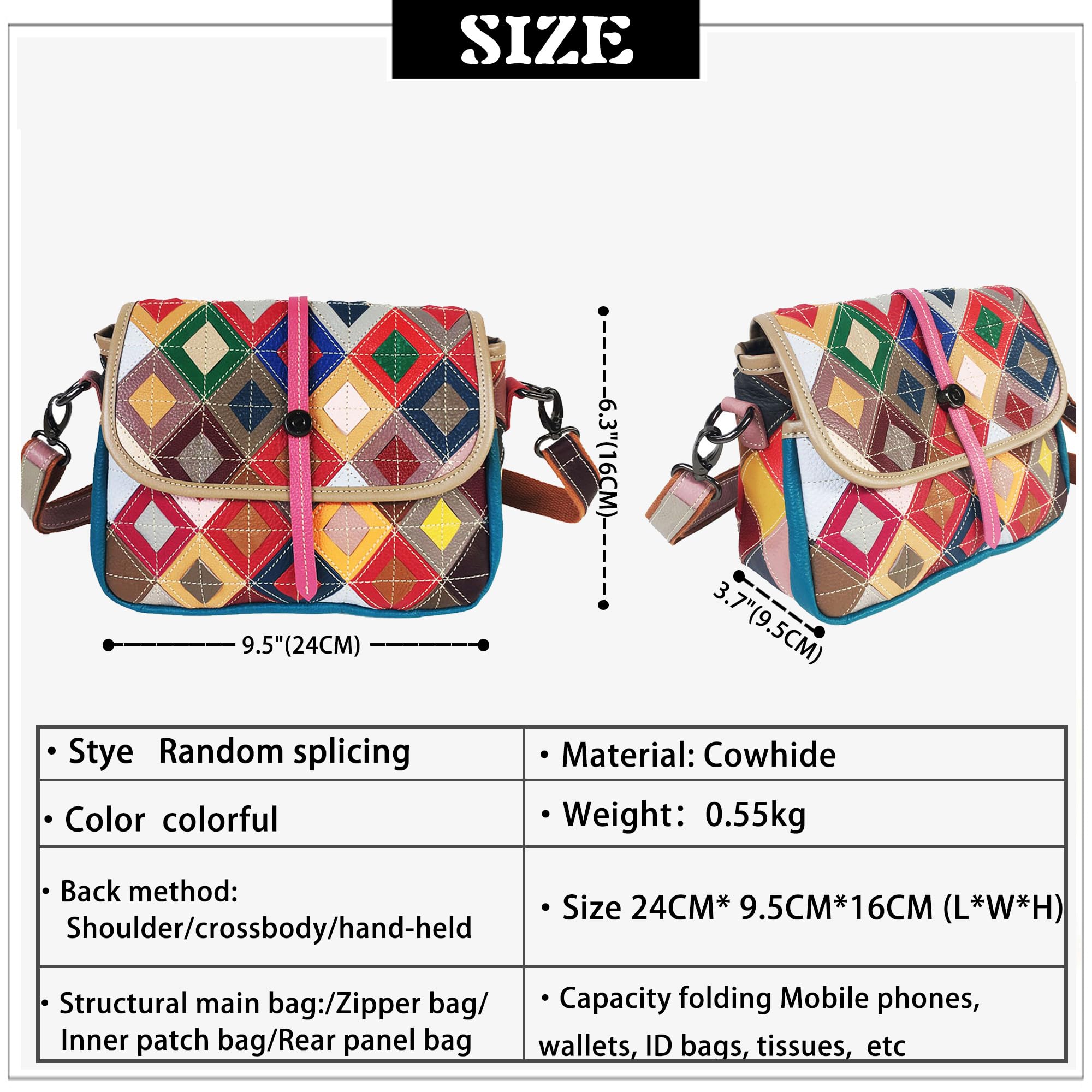 Handmade Cowhide Multi Color Patchwork Bag Crossbody Shoulder Handheld Unique Style