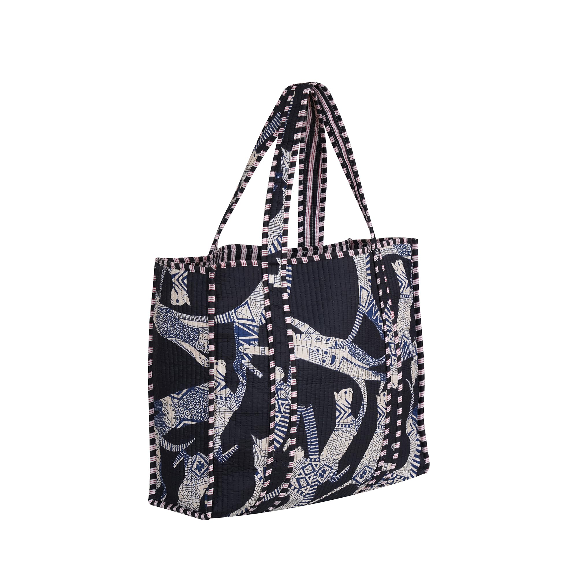 Handmade Cotton Floral Block Print Quilted Tote Shoulder Market Shopping Bag