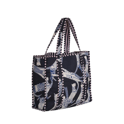 Handmade Cotton Floral Block Print Quilted Tote Shoulder Market Shopping Bag
