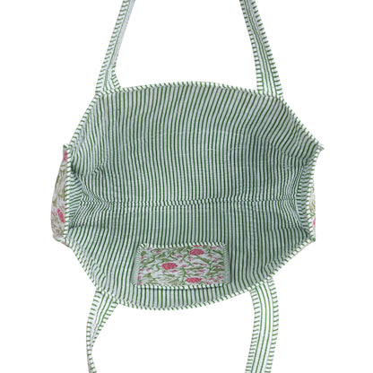 Handmade Cotton Floral Block Print Quilted Tote Shoulder Market Shopping Bag