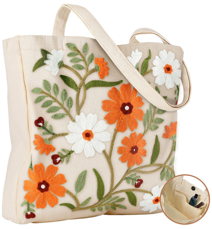 Embroidery Canvas Tote Bag for Women Reusable Shoulder Bag with Pocket and Buckle Cute Aesthetic Grocery Bag