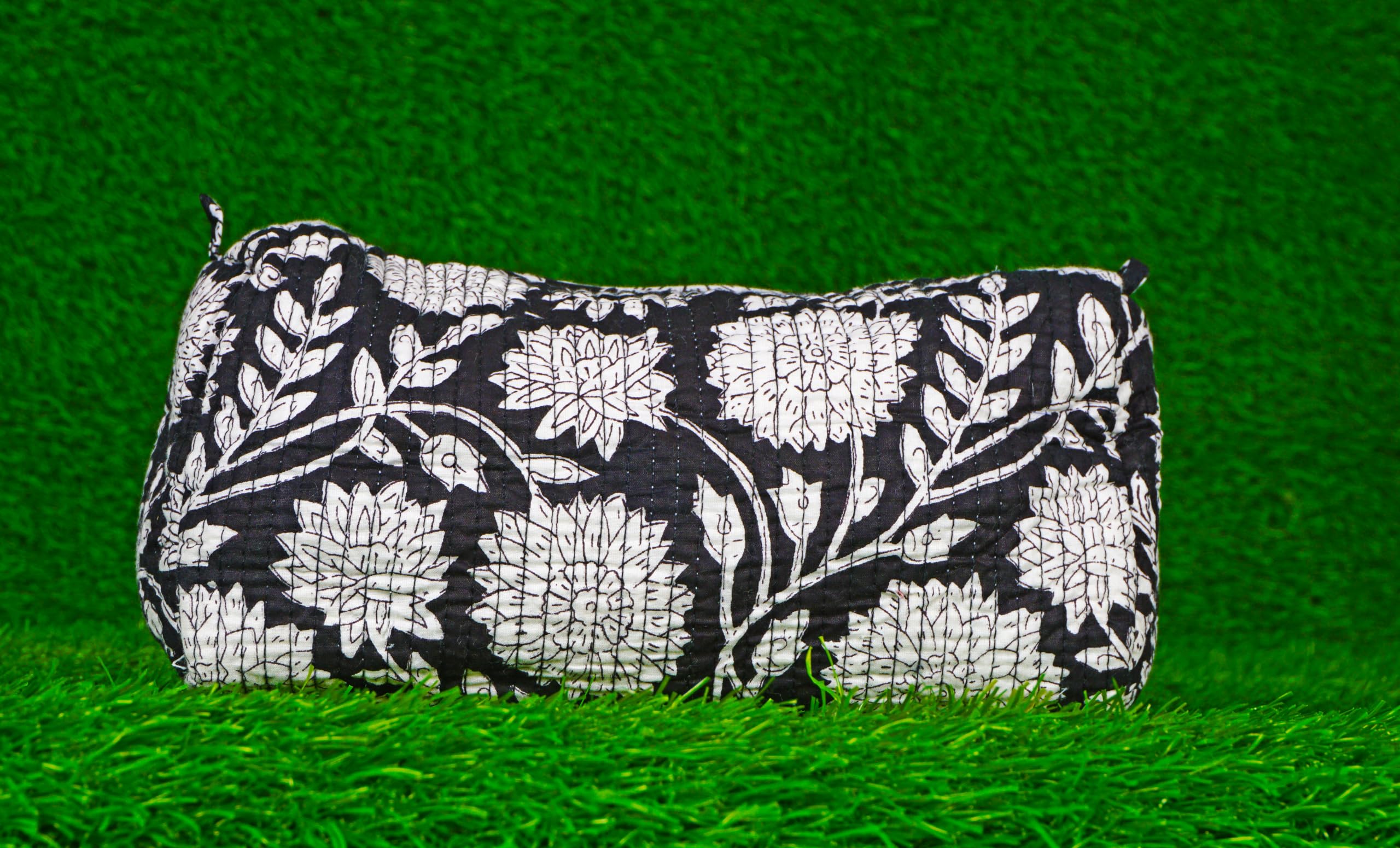 Indian Handmade Cotton Quilted Floral Toiletry Cosmetic Makeup Bag Blue A