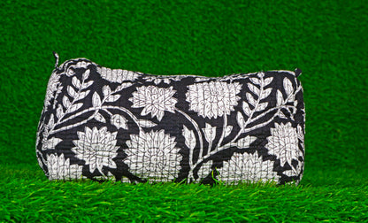 Indian Handmade Cotton Quilted Floral Toiletry Cosmetic Makeup Bag Blue A