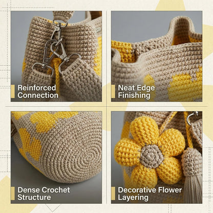 Handmade Crochet Flower Tote Mesh Knit Shoulder Bag with Flower and Tassel Charm Large Capacity Summer Travel Bag