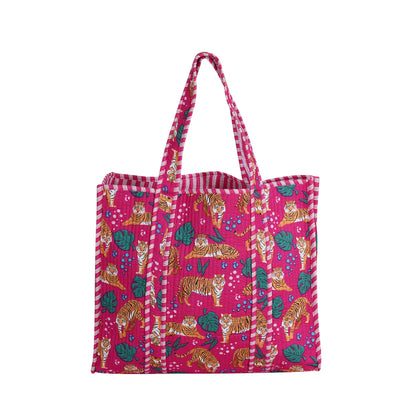 Handmade Cotton Floral Block Print Quilted Tote Shoulder Market Shopping Bag