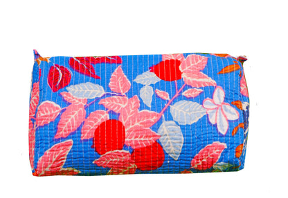 Indian Handmade Cotton Quilted Floral Toiletry Cosmetic Makeup Bag Blue A