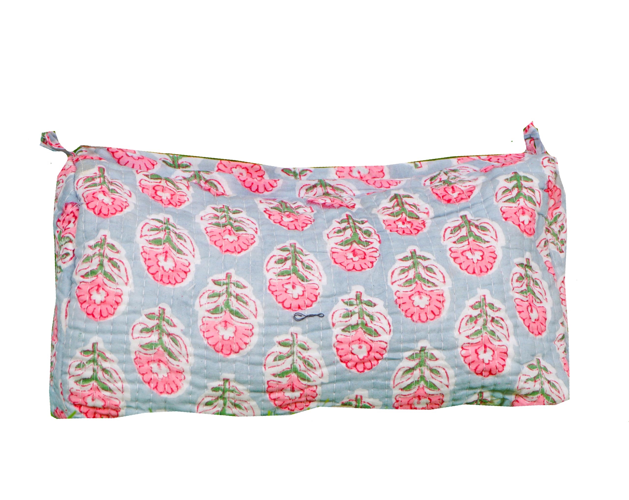 Indian Handmade Cotton Quilted Floral Toiletry Cosmetic Makeup Bag Blue A