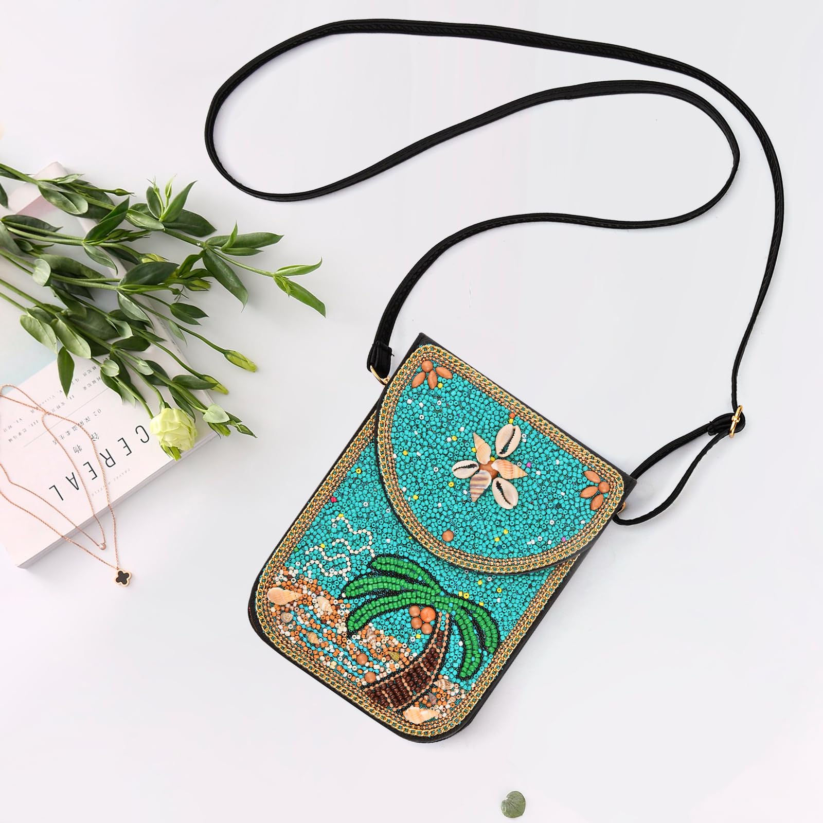 Beaded Crossbody Phone Shoulder Bag Boho Wallet Purse with Colorful Handcrafted Beads