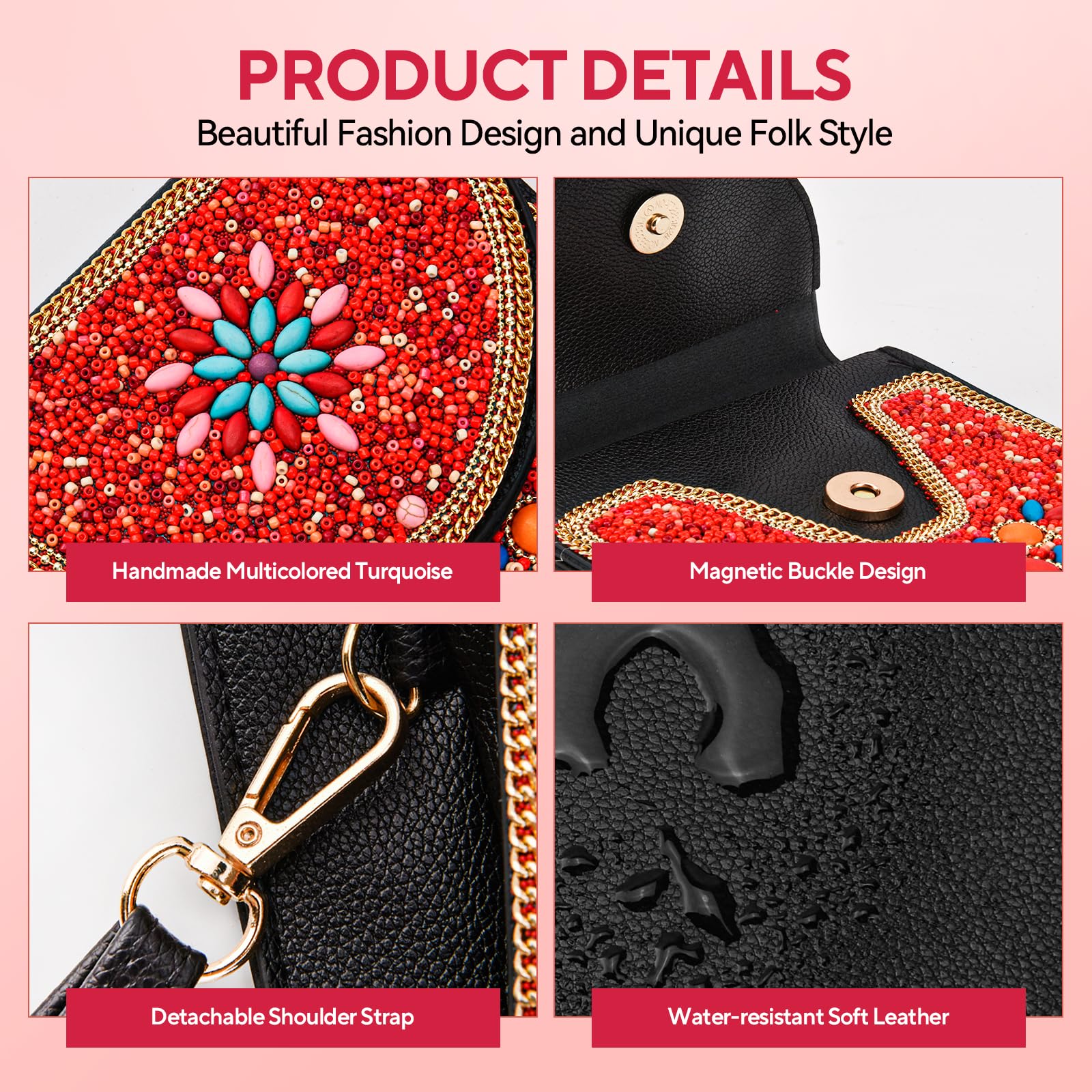 Beaded Crossbody Phone Shoulder Bag Boho Wallet Purse with Colorful Handcrafted Beads