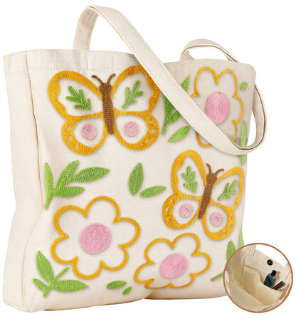 Embroidery Canvas Tote Bag for Women Reusable Shoulder Bag with Pocket and Buckle Cute Aesthetic Grocery Bag