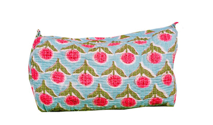 Indian Handmade Cotton Quilted Floral Toiletry Cosmetic Makeup Bag Blue A