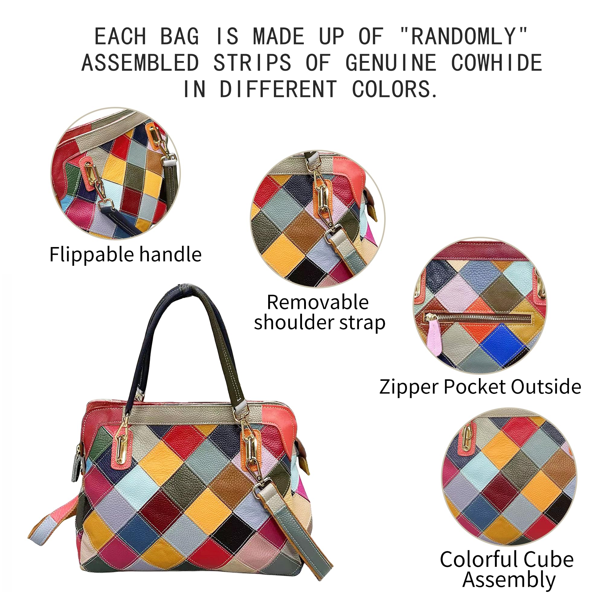 Handmade Cowhide Multi Color Patchwork Bag Crossbody Shoulder Handheld Unique Style