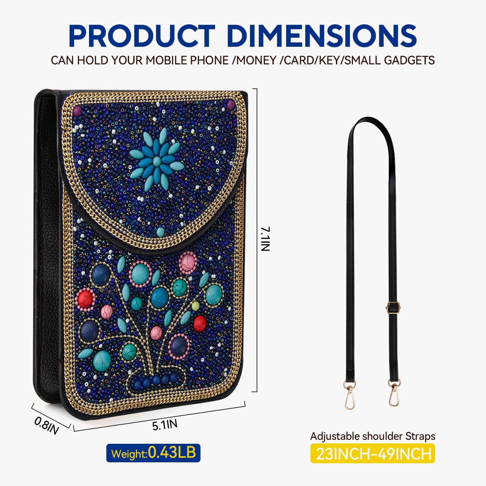 Beaded Crossbody Phone Shoulder Bag Boho Wallet Purse with Colorful Handcrafted Beads