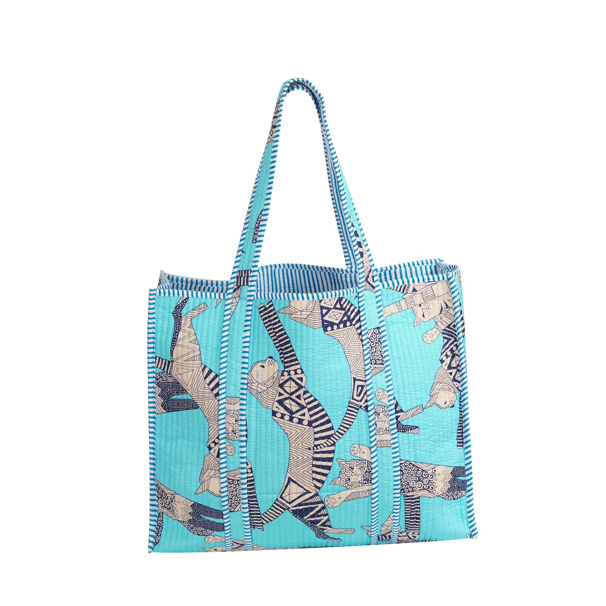 Handmade Cotton Floral Block Print Quilted Tote Shoulder Market Shopping Bag
